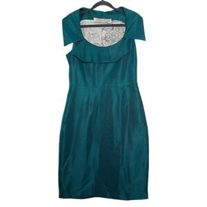 Lela Rose Teal Green Blue Holiday Party Cocktail Silk Sheath Dress - 6